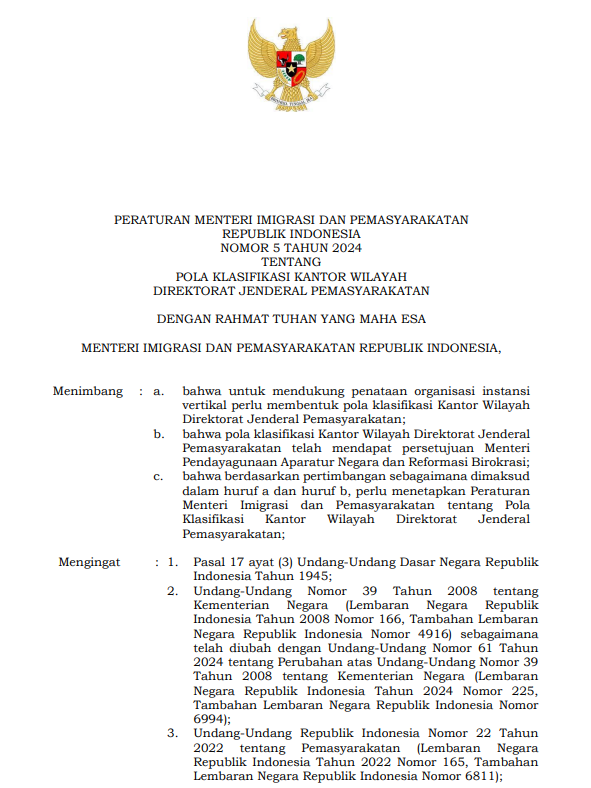 Peraturan Menteri Imigrasi dan Pemasyarakatan Nomor 5 Tahun 2024 tentang Pola Klasifikasi Kantor Wilayah Direktorat Jenderal Pemasyarakatan
